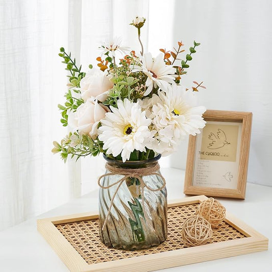 Fake Flowers Artificial Daisy Rose with Vase, Faux Silk Flowers Fake Plant Decor for Home Office, Kitchen Dining Table Centerpiece, Bathroom Shelf Decor
