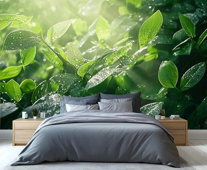 Dewdrops Green Leaf Wall Mural, Botanical Forest Sunlight 3D Wall Murals, Refreshing Nature Wallpaper Mural, for Living Room Bedroom Large Wallpaper Indoor Decor 169.3" W x118.2 H