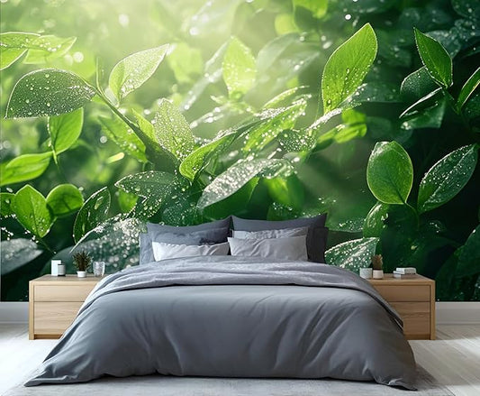 Dewdrops Green Leaf Wall Mural, Botanical Forest Sunlight 3D Wall Murals, Refreshing Nature Wallpaper Mural, for Living Room Bedroom Large Wallpaper Indoor Decor 169.3" W x118.2 H