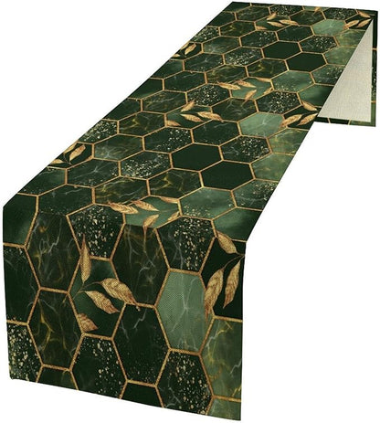 Hunter Green Marble Table Runner Abstract Dark Emerald Green Marble Hexagon Texture Golden Leaves Dinner Runner Table Decoration for Home Kitchen Dining Holiday Party 13x90in