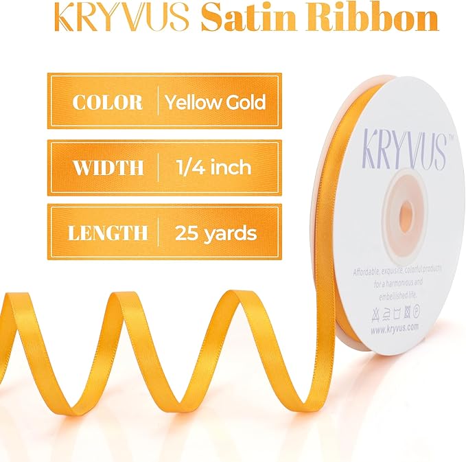 Double Faced Yellow Gold Satin Ribbon, 1/4 Inch X 25 Yards Polyester Ribbon for Gift Package Wrapping, Crafts, Bow Making, Sewing, Flower Bouquet, Wedding Party Decor
