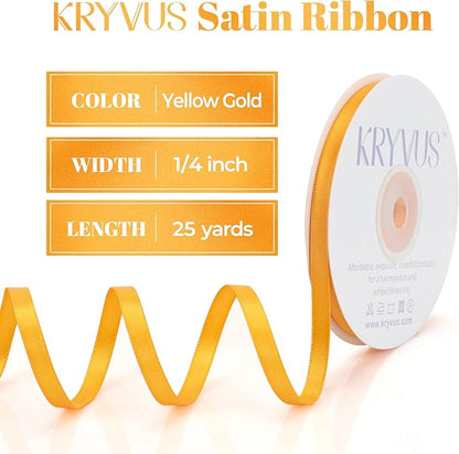 Double Faced Yellow Gold Satin Ribbon, 1/4 Inch X 25 Yards Polyester Ribbon for Gift Package Wrapping, Crafts, Bow Making, Sewing, Flower Bouquet, Wedding Party Decor