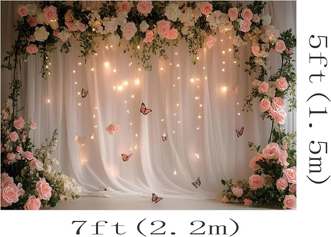7x5ft Pink White Rose Flowers Wedding Backdrop White Curtain Glitter Light Butterfly Decoration Photography Background Children Baby Shower Birthday Party Shoot Backdrop for Video Studio Prop