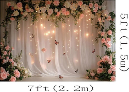 7x5ft Pink White Rose Flowers Wedding Backdrop White Curtain Glitter Light Butterfly Decoration Photography Background Children Baby Shower Birthday Party Shoot Backdrop for Video Studio Prop