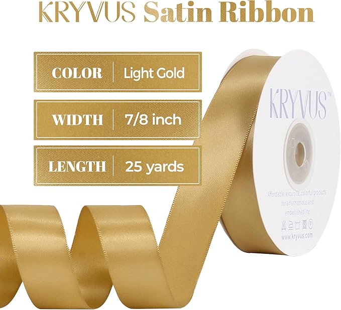 Light Gold Satin Ribbon, Double Faced 7/8 Inch X 25 Yards Light Gold Ribbon, Premium Satin Ribbon for Gift Wrapping, Crafts, Hair Bow Making, Sewing, Flower Bouquet, Wedding Party Decor