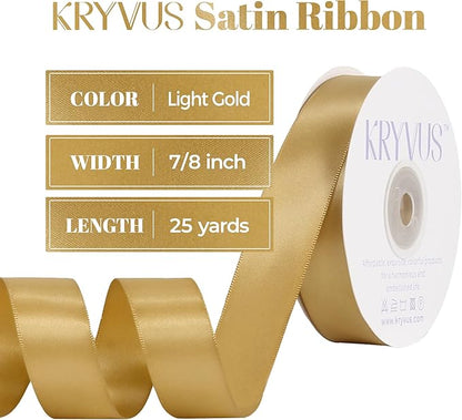 Light Gold Satin Ribbon, Double Faced 7/8 Inch X 25 Yards Light Gold Ribbon, Premium Satin Ribbon for Gift Wrapping, Crafts, Hair Bow Making, Sewing, Flower Bouquet, Wedding Party Decor