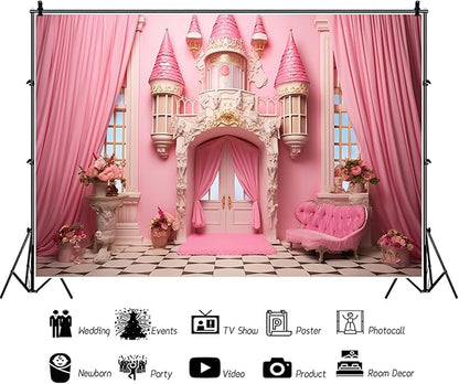 8x6ft Pink Princess Castle Backdrop Curtain Window Door Room Interior Background for Photography Sofa Flowers Vases Banner Decorations Girl Kids Birthday Baby Shower Party Photo Booth Props