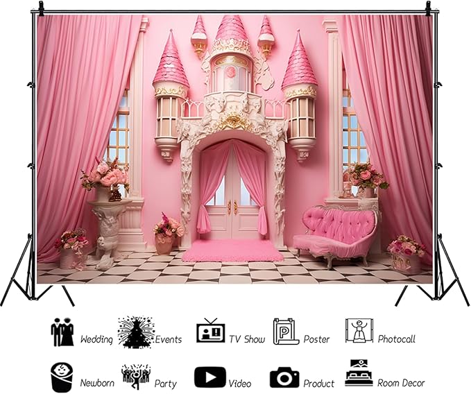 15x10ft Pink Princess Castle Backdrop Curtain Window Door Room Interior Background for Photography Sofa Flowers Vases Banner Decorations Girl Kids Birthday Baby Shower Party Photo Booth Props