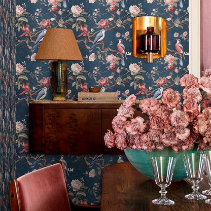 Abstract Blue Red Birds Floral Vintage Peel and Stick Wallpaper Easy Peel Off Contact Paper Stick on Adhesive Wall Paper for Bathroom Waterproof Renter Friendly