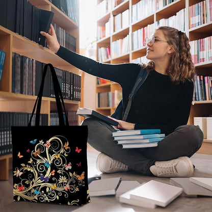 Decohim Floral Butterfly Canvas Tote Bag Boho Canvas Bag with Pocket for Work Office Women Girl Christmas Birthday Gifts
