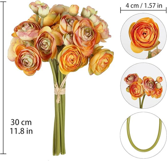 IPOPU Artificial Ranunculus Orange Silk Flowers with Stems 12PCS Mini Fake Flowers for DIY Wedding Bouquet Bridal Shower Decorations Floral Filler Flowers Centerpieces (Shade of Orange)