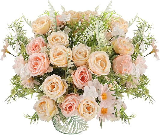 3 Pcs Artificial Rose Flowers Fake Rose Silk Bouquet Plastic Flower Arrangements Wedding Decoration Faux Floral Table Centerpieces Home Decorations(Pink)