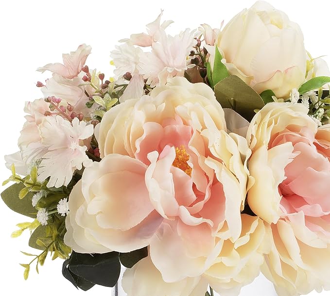 ENOVA FLORAL Artificial Silk Flower Arrangement with Vase,Mixed Artificial Silk Peony Flower in Vase for Decoration Home Office, Wedding Centerpiece (Peach)
