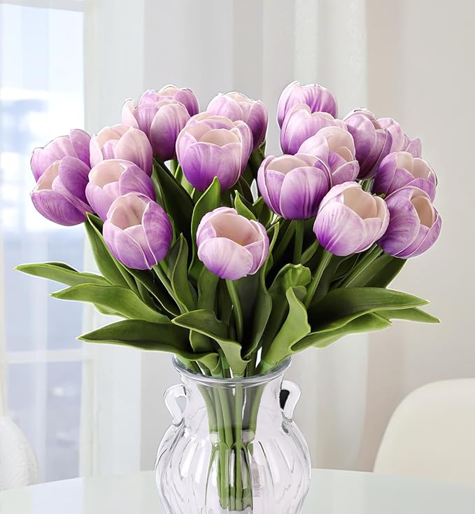 LED Lighted Artificial Tulips, Tulip Lamp, Real Touch Tulip Flowers, 15 Inch Faux Tulip Bouquet with Battery Operated Lights for Gifts, Home Kitchedn Wedding Decor(Purple)