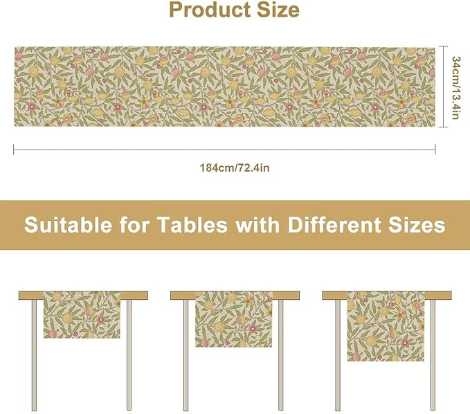 Vintage William Morris Table Runner, Yellow Lemon Fruit Peach Plant Boho Farmhouse Decor Table Runner for Kitchen Dining Home Party, 13x60 Inch