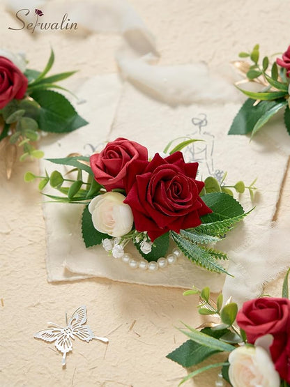 Serwalin 6 PCS Burgundy Wrist Corsage for Wedding, Roses Wrist Corsage for Prom Homecoming Party Corsage Hand Decor for Bride Bridesmaids, Mother of Bride and Groom