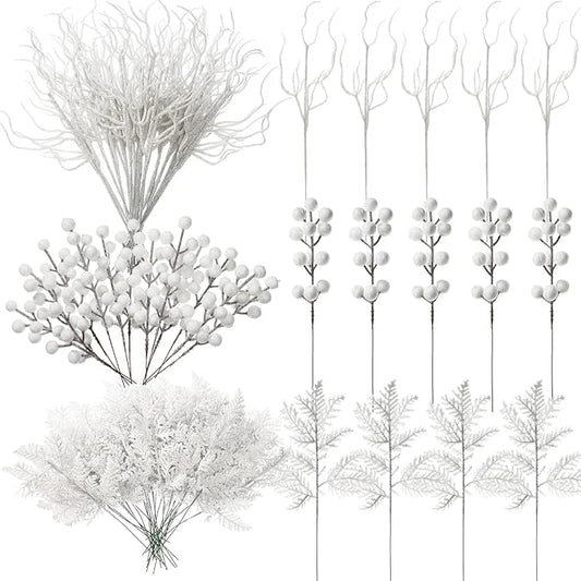 75 Pcs Christmas Glitter Branches 3 Styles Artificial Christmas Picks Berries Stems Pine Needles Floral Twig Spray for Xmas Tree Ornaments DIY Wreath Garland(White)