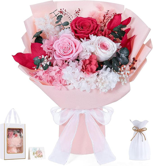 Lewondr Flower for Delivery, Preserved Flowers Bouquet, Pink Roses Bouquet, Real Long-Lasting Forever Birthday Flowers Gifts for Mom Women Wife Grandma Her Mothers Day Anniversary, Light Rose