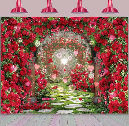 Valentines Day Flowers Garden Backdrops Red Rose Spring Floral Scene Photography Backdrop Girls Birthday Bridal Shower Wedding Party Decorations Banner Photo Booth Props (10x8FT(120x96 inch))