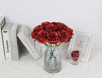 Glitter Roses,30PCS Fake Red Roses Glitter Flowers Bouquet Artificial Roses with Stems for DIY Crafts Wedding Bouquet Party Home Decor(Red)