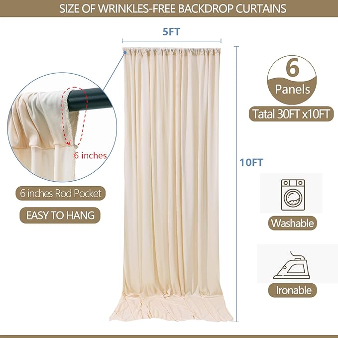30x10ft Wrinkle Free Backdrop Curtain for Parties Soft Fabric Drapes Wedding Cream Curtain Backdrop for Birthday Party Decorations Background for Photography 5x10ft,6 Panels
