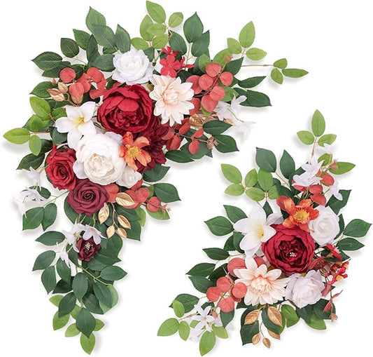 Pack of 2 Wedding Arch, Artificial Flowers, Wedding Decor，Flower Garland Be Suited to Banquet, Party, Reception Entrance Welcome Sign and Background Decoration(White red)