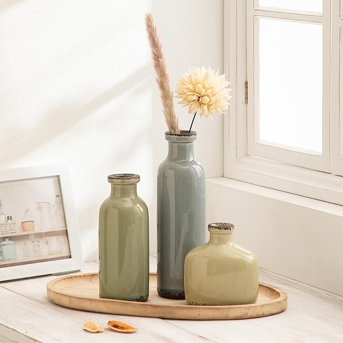 Bud Vase - Flower Vase Set - Decorative Vases - Ceramic Small Vase Set of 3 for Centerpieces - Ice Creak for Decor - Modern Decoration Vases for Home Farmhouse Table Office, Mini Vase by Lyeec