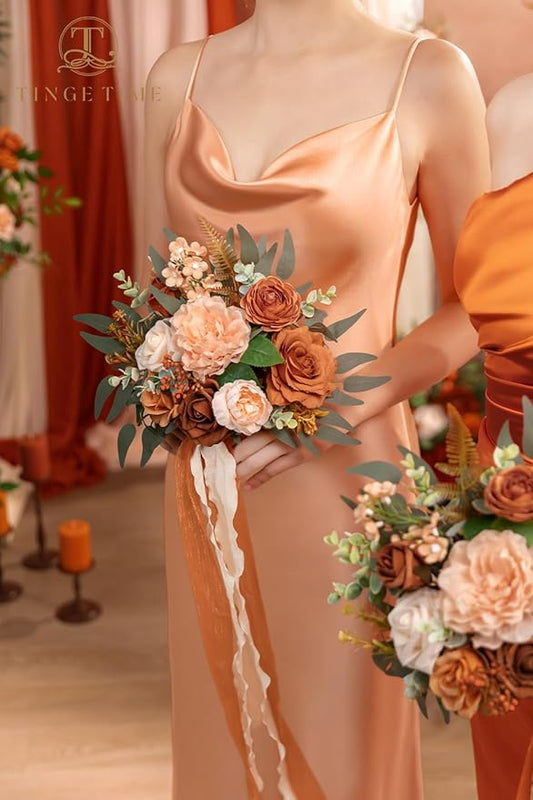 TINGE TIME 7 Inch Wedding Bouquets for Bridesmaid, Set of 4, Artificial Flowers Cascading Bridal Bouquet for Fall Wedding Ceremony Anniversary Bridal Shower and Rustic Vintage Wedding (Terracotta)
