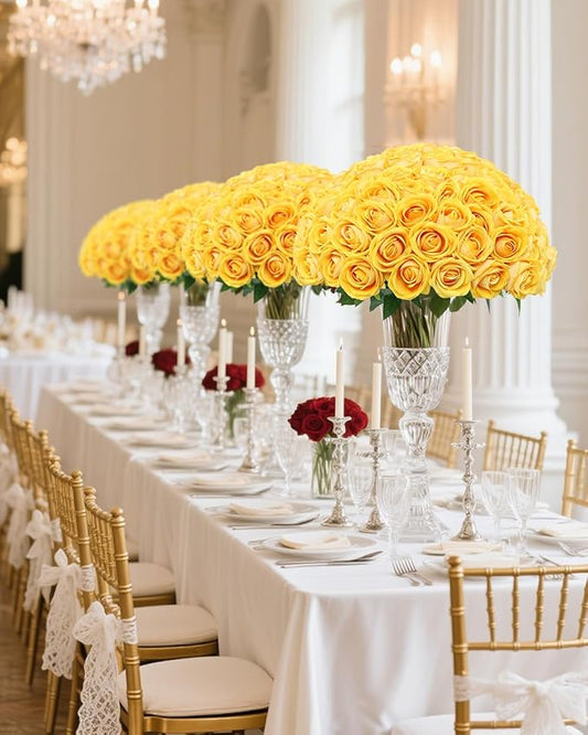 LFF 50Pcs Yellow Roses Artificial Flowers with Long Stems, Realistic Velvet Faux Roses in Bulk, Wedding Bouquet, DIY Floral Arrangement for Home/Wedding/Proposal Ceremony Decoration(Yellow)