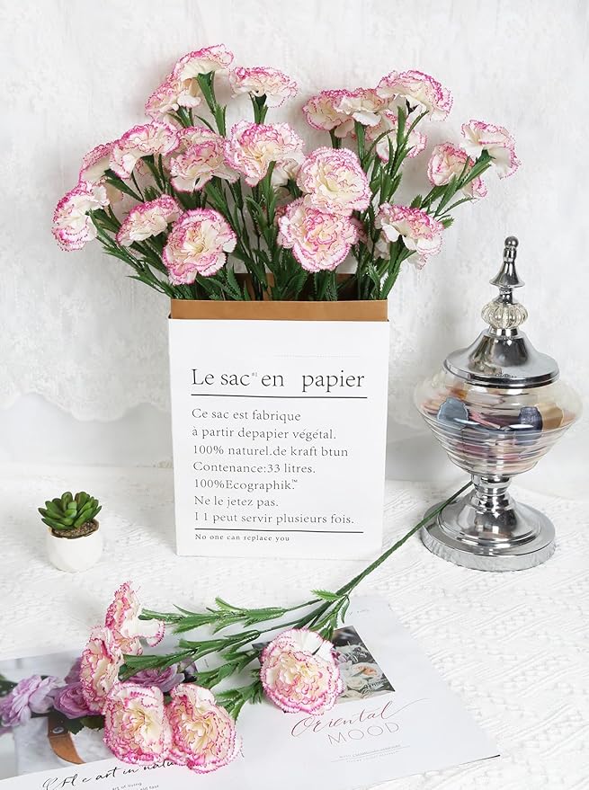 IPOPU 27.56in Carnations Artificial Flowers 6pcs 30 Heads Silk Carnations Flowers with Stems for Wedding Home Table Centerpieces Floral Arrangements Decor(Pink Edge)