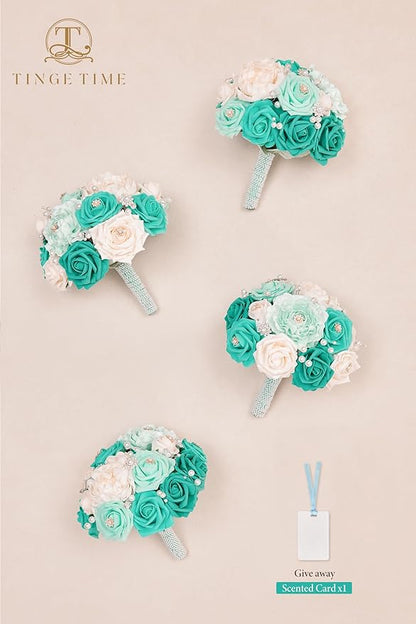 TINGE TIME 7 Inch Artificial Flowers Wedding Bouquets for Bridesmaid, Set of 4, Bride Tossing Bouquet for Rustic Wedding Ceremony Bridal Shower Vintage Party (Teal Green & Champagne)