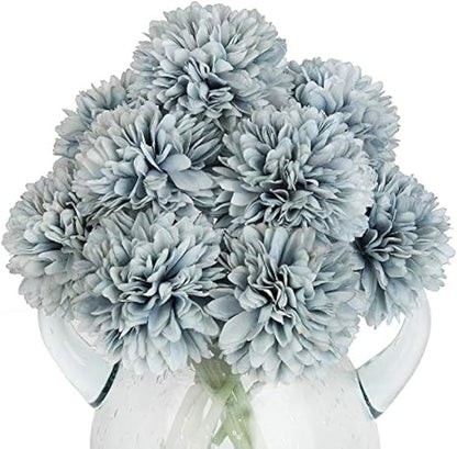 10Pcs Artificial Fake Flower Plants Silk Chrysanthemum Ball Hydrangea Arrangements Wedding Bouquets Decor Home Kitchen Garden Party Table Floral Centerpieces DIY (Grey Blue)