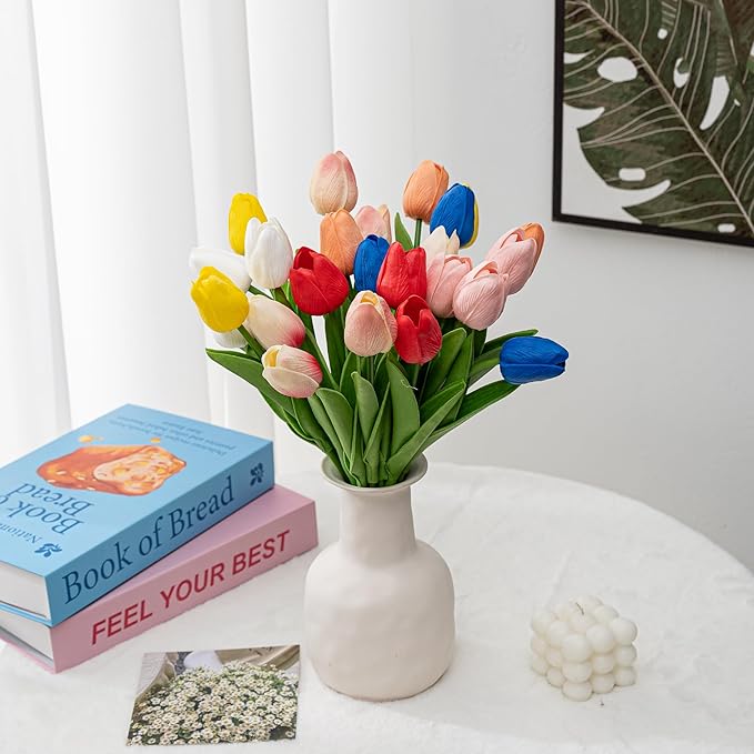 KAOYOO 18PCS Artificial Tulip Flowers Bouquet - Faux Latex Tulips for Home Decor,Office Desk,Kitchen Table,Wedding Centerpiece,Party,Spring Decoration(Pink,18 Pack)