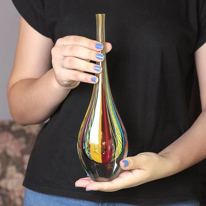 Ca D Oro Small Drop Glass Vase Boho with Colored Canes Hand Blown Murano-Style Art Glass - Model Tall