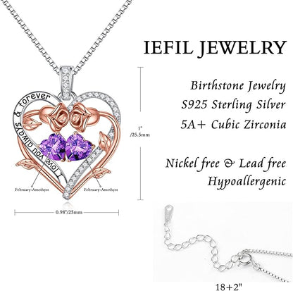Iefil Rose Heart Double Birthstone Necklace Gifts for Wife Her Mom Women, Birthstone Jewelry Gemstone Birthday Gifts for Girlfriend Grandma Her Wife Women