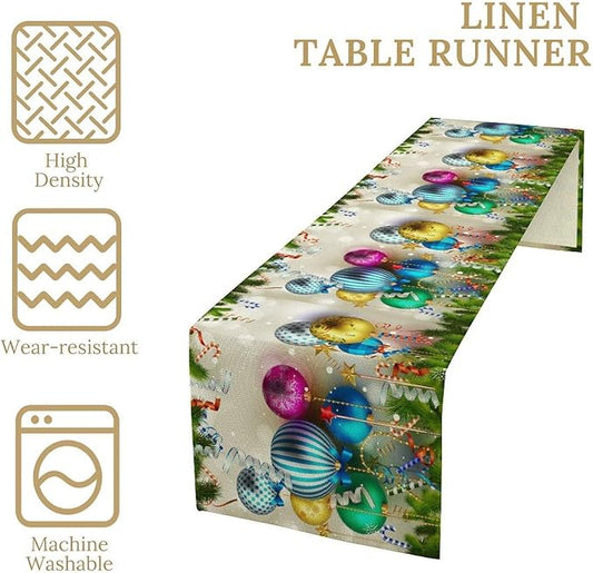Christmas Table Runner,Colorful Balls Xmas Tree Snowflake Pattern Print Tablecloth Burlap for Hotel Indoors Outdoor Dining Room Kitchen Home Decor,W13X L80 in