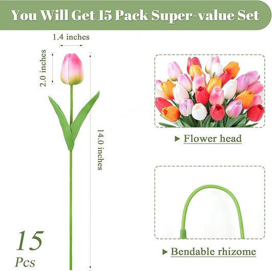SITUMEIZI Fake Flowers Tulips Artificial Silk Flower 15pcs Real Touch 14" for Spring Easter Home Kitchen Wedding Bouquet Bulk Mother's Gift Day Decorations(Multicolor,5-3)