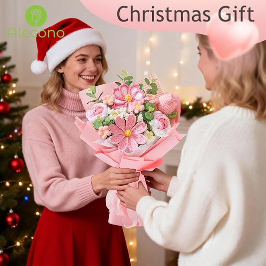 Alecono Crochet Flower Bouquet, Pink Knitted Flowers, Crochet Tulip Galsang Flower for Lover Anniversary Birthday Party Mother's Day Graduation Gifts (Include Card)