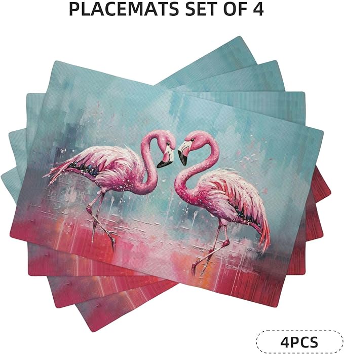 Pink Flamingo Placemats Set of 4 Washable Table Mats Modern Tropical Heat-Resistant Cotton Linen Place Mats for Dining Table Kitchen Indoor Outdoor Party Holiday Decor