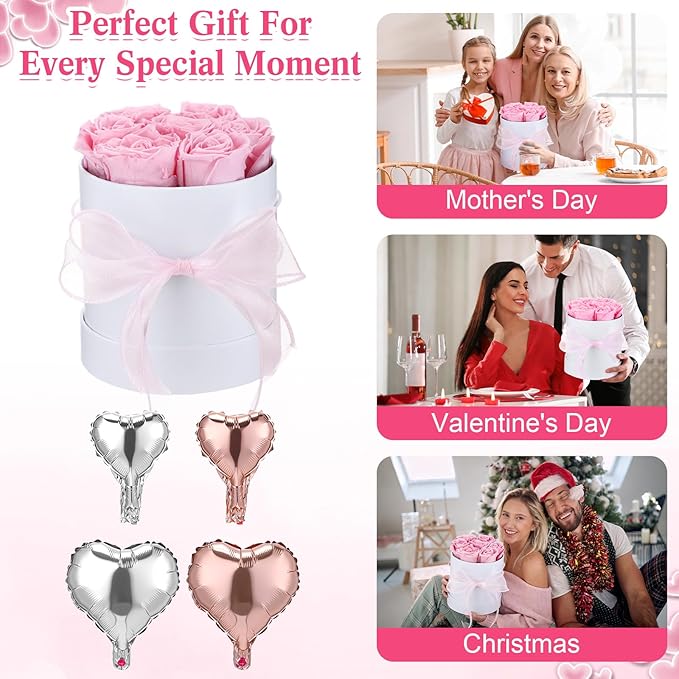 Pink Preserved Roses in Box 7 Preserved Forever Flower in a Round Box Last 1-3 Years with Heart Balloon Christmas Surprise Gift for Women Loved One Mom Valentines Anniversaries Need Assembly