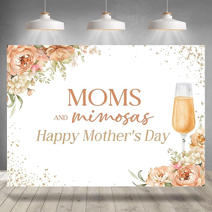 Happy Mother's Day Backdrop Moms and Mimosas Champagne Glass Blush Pink Floral Photography Background Mother's Day Brunch Party Decoration Supplies Banner Photo Booth Studio Props 7x5ft