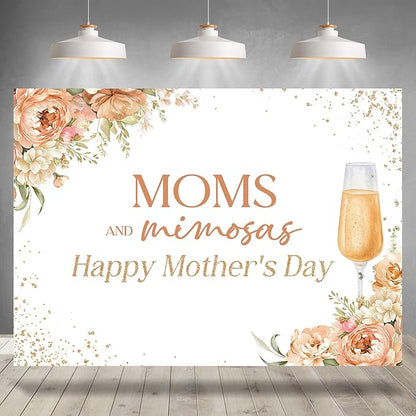 Happy Mother's Day Backdrop Moms and Mimosas Champagne Glass Blush Pink Floral Photography Background Mother's Day Brunch Party Decoration Supplies Banner Photo Booth Studio Props 7x5ft