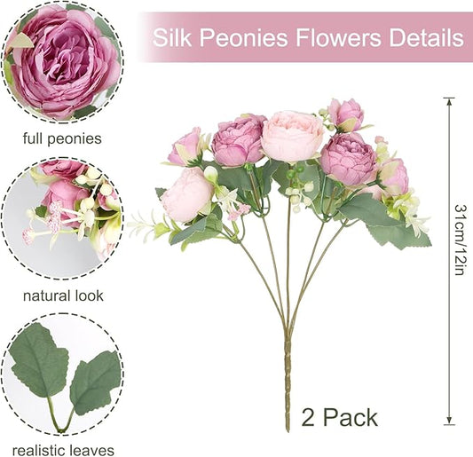 SOMYTING Peonies Artificial Flowers, Fake Flowers Pink Peonies Faux Flowers Vintage Artificial Silk Flower Peonies Bouquets Floral Arrangements Home Wedding Party Coffee Table Decor (Mixed pink, 2PCS)