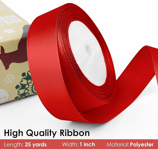 25 Yards 1 inch Satin Ribbon, Solid Color Fabric Ribbon Perfect for Gift Wrapping, Wedding, Handmade Bows, Floral Bouquets and Party Decoration(red)