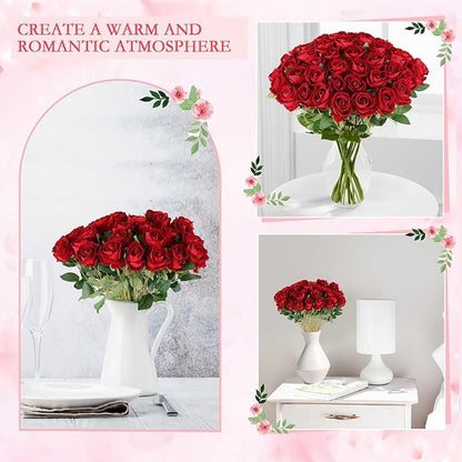 Hananona 50 Artificial Roses in Bulk, Fake Velvet Silk Burgundy Roses Realistic Red Roses for Wedding Centerpieces Flower Arrangement Home Decor (50, Burgundy)