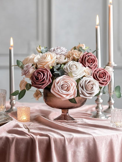 InnoGear Artificial Flowers, 50 Pcs Dusty Pink Foam Fake Roses Bulk with Stems for Decoration DIY Wedding Bouquets Centerpieces Bridal Shower Party Christmas Tree