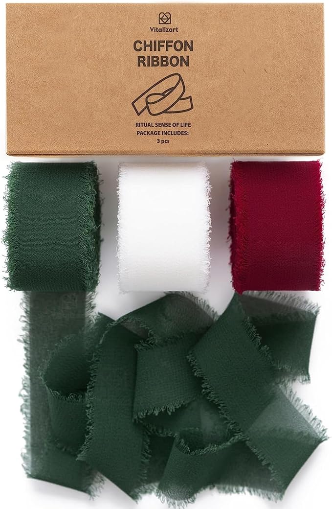 Vitalizart Christmas Ribbon Chiffon Silk Fringes 1" x 21 Yd Fabric Package (3 Rolls * 7 Yd) for Wedding Invitations Bridal Bouquets Decorations Gifts Wrapping & Bow Making Green Red & White