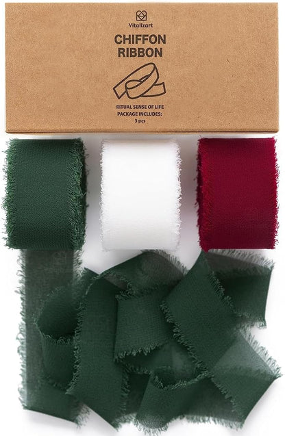 Vitalizart Christmas Ribbon Chiffon Silk Fringes 1" x 21 Yd Fabric Package (3 Rolls * 7 Yd) for Wedding Invitations Bridal Bouquets Decorations Gifts Wrapping & Bow Making Green Red & White