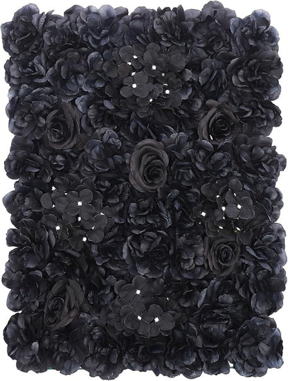 Flower Wall Panel Set,Black Artificial Wall Flower Backdrop,12 Pcs 23.62" X 15.75" 3D Silk Hydrangea Rose Floral Panel,Faux Roses Artificial Flower Backdrop for Wall Decor