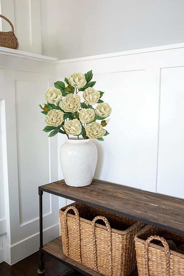Briful 3 Pack Artificial Peony Flower 27.5" Tall White Silk Peonies Floral Stems Real Touch Faux Peony Flower for Wedding Bouquets Home Floral Arrangements Table Centerpieces DIY Décor